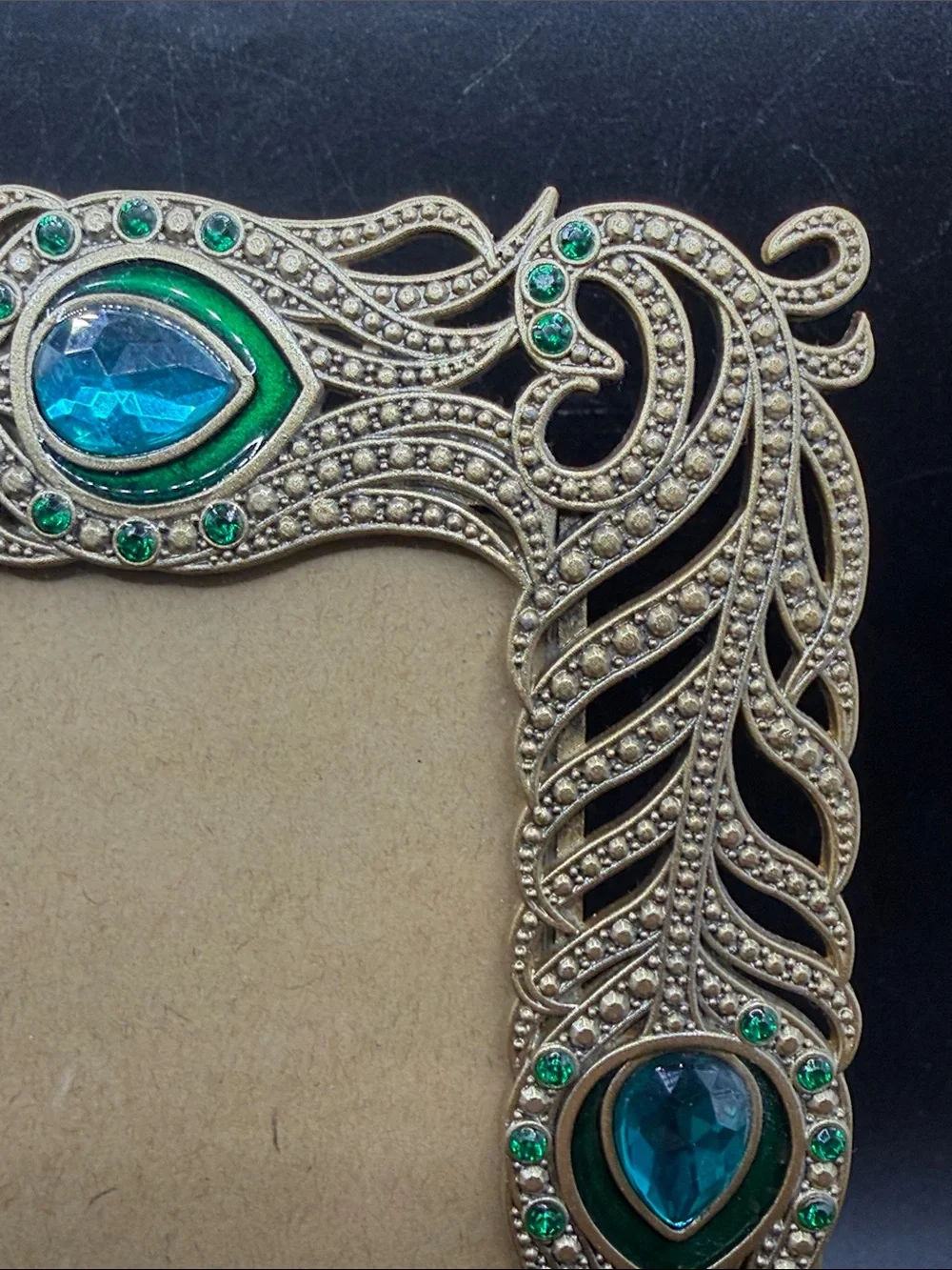 Pier 1 Imports Peacock Feather Enamel Metal Crystal Rhinestone Picture Frame